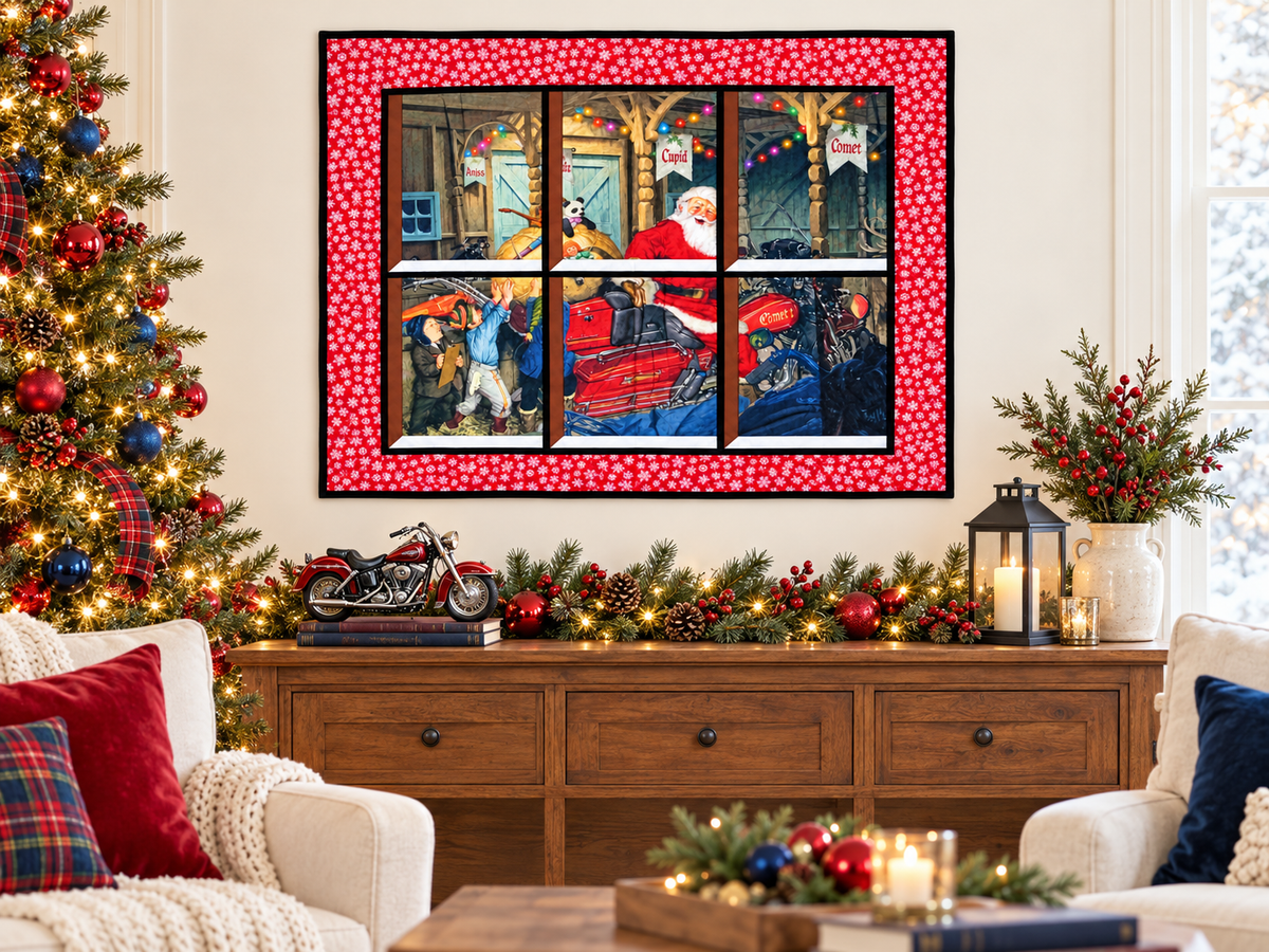 Santa’s Motorcycle Workshop Quilted Window Wall Hanging — Red Snowflake Border