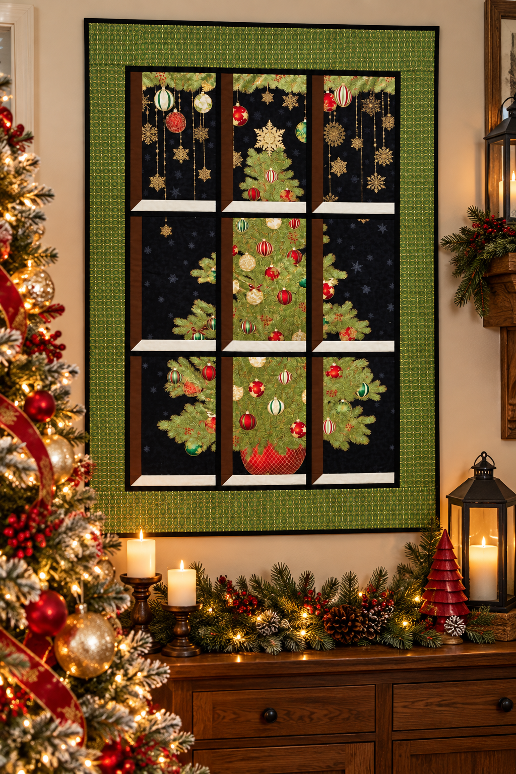 Christmas Tree Quilted Window Wall Hanging– Green and Gold Frame