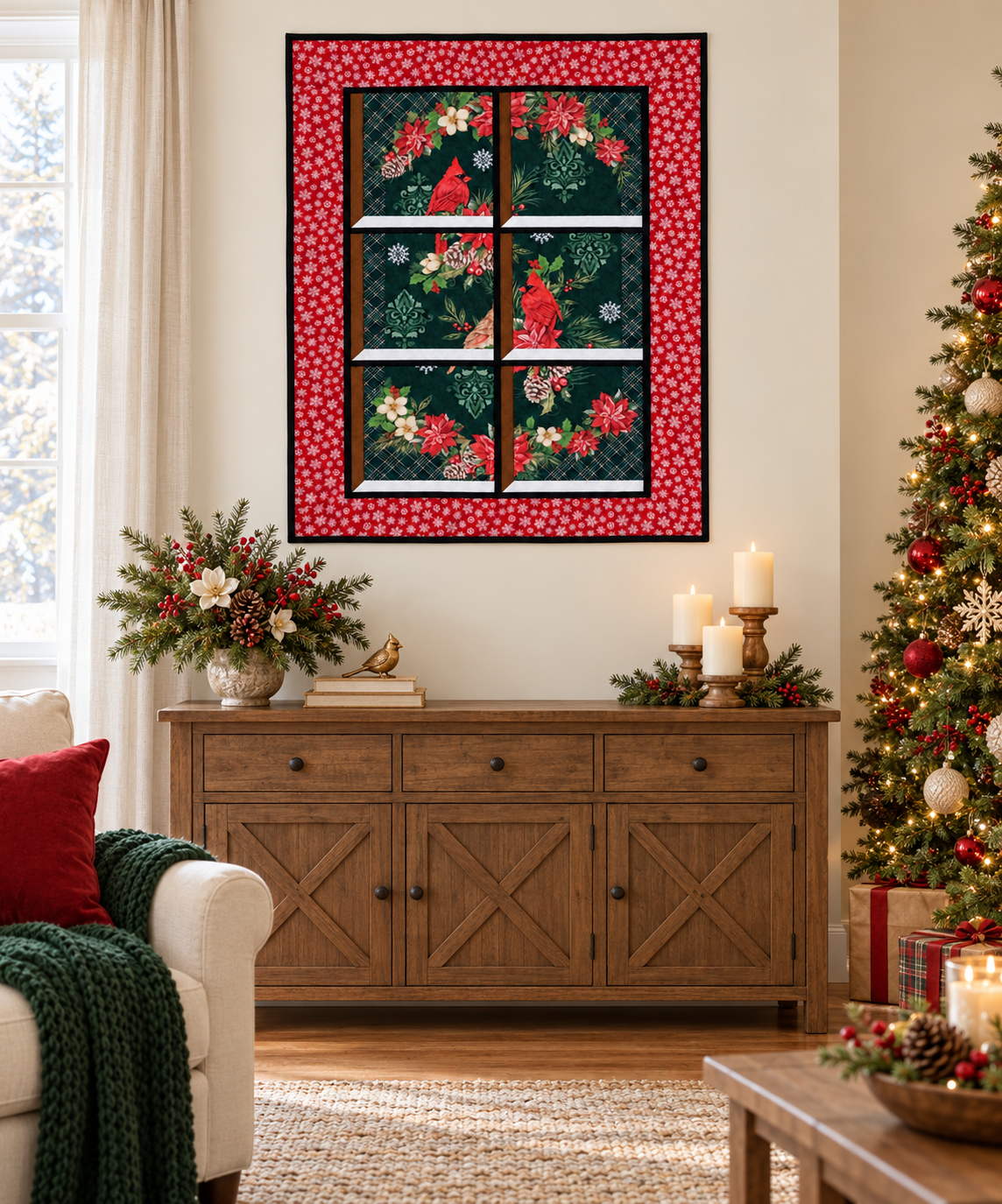 Cardinal Quilted Window Wall Hanging– Red and White Snowflake Frame