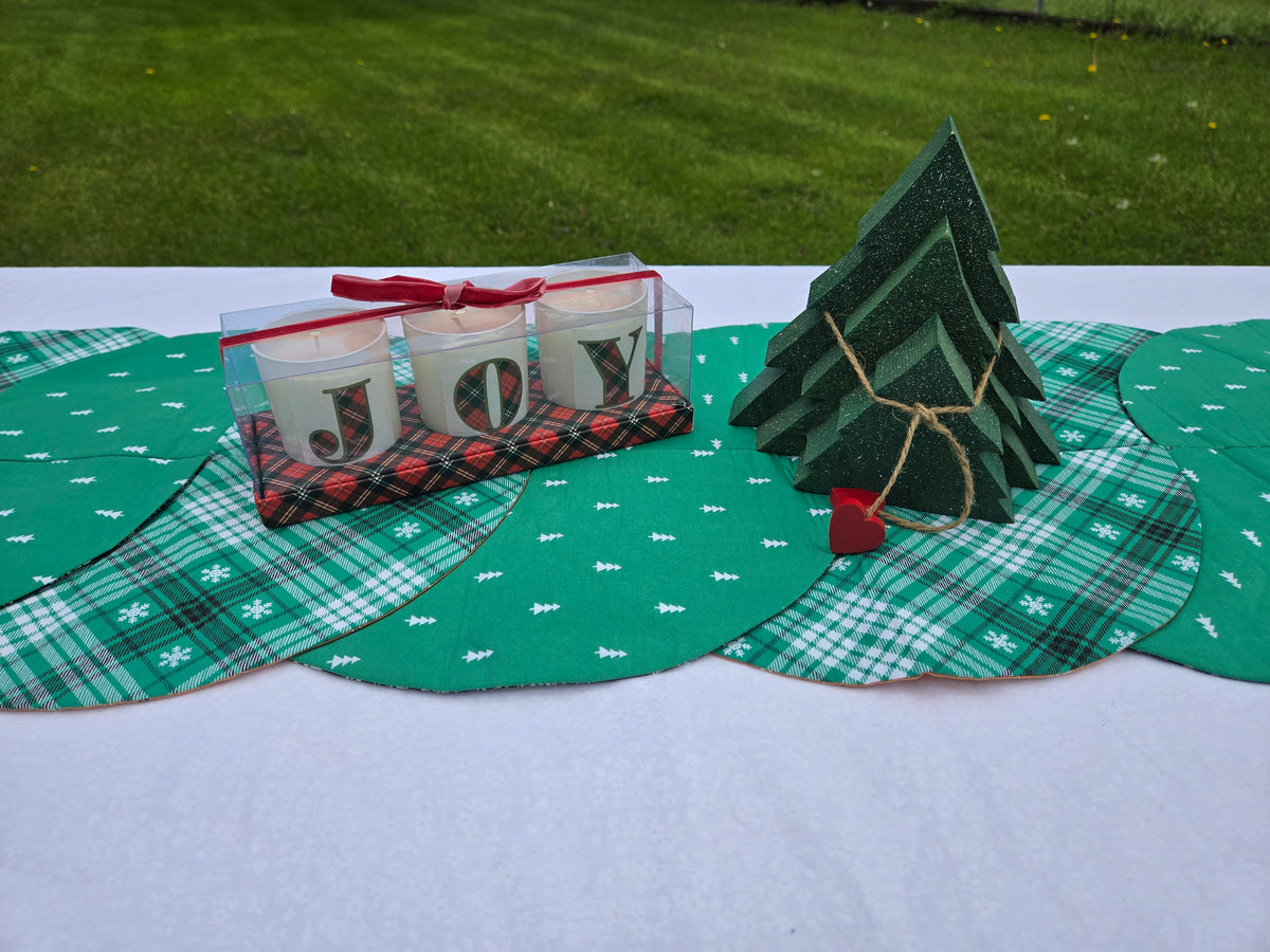 Black and Gold Floral/ Green Plaid Christmas Tree– Reversible Twist Table Runner–Long