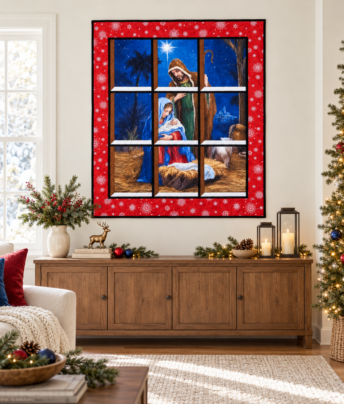 Nativity Scene Quilted Window Wall Hanging – Red Snowflake Frame