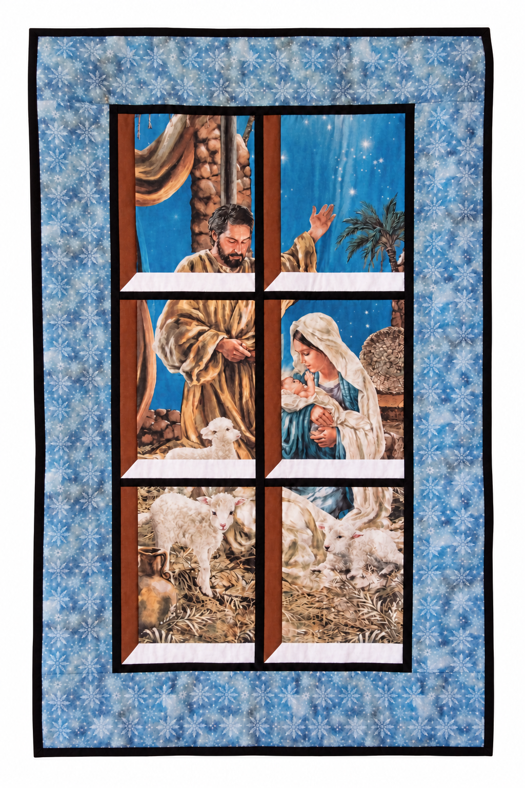 Nativity Scene Quilted Window Wall Hanging– Blue Snowflake Frame