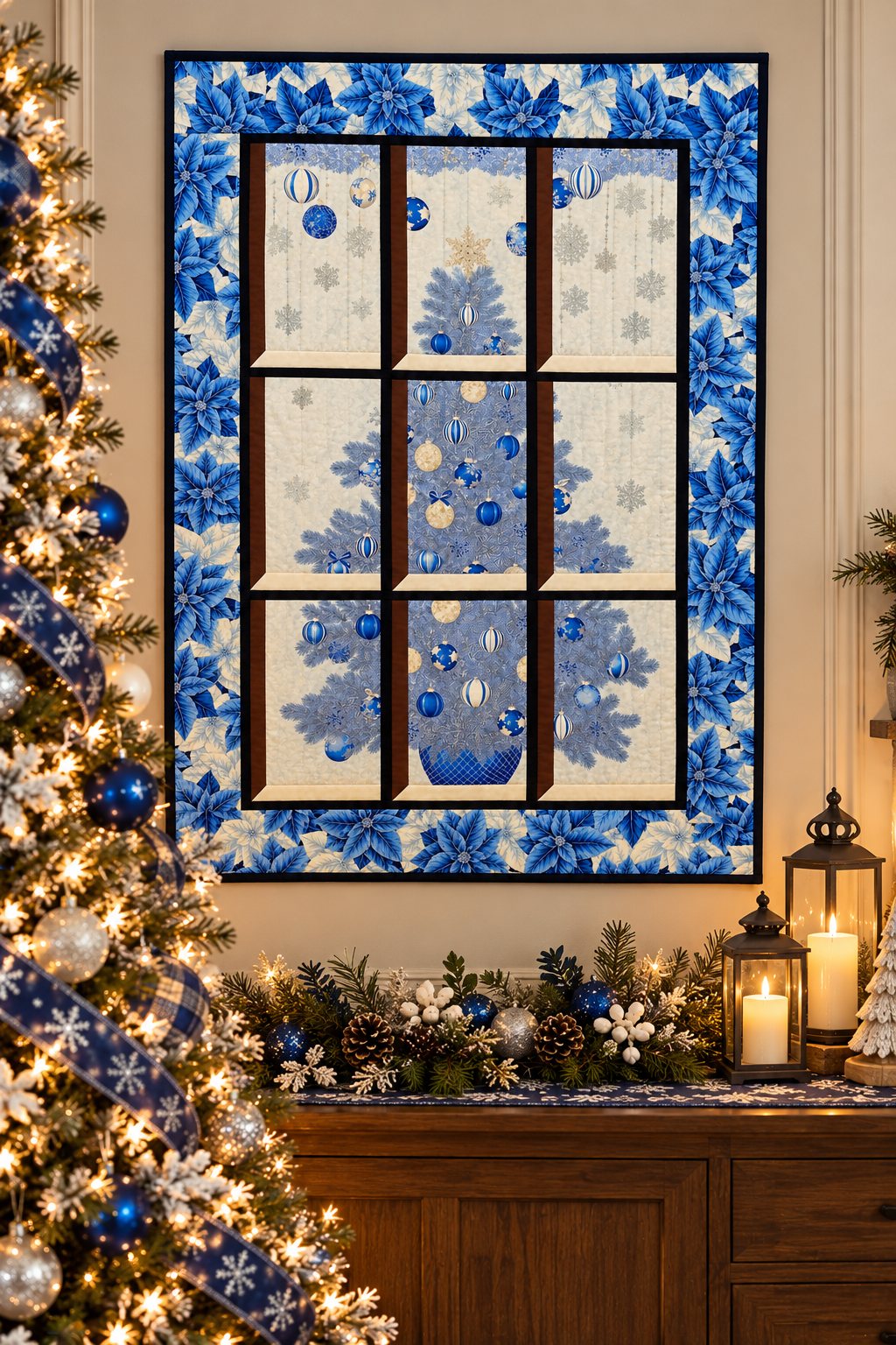 Blue Tree Christmas Window Quilted Wall Hanging– Blue and White Poinsettia Frame