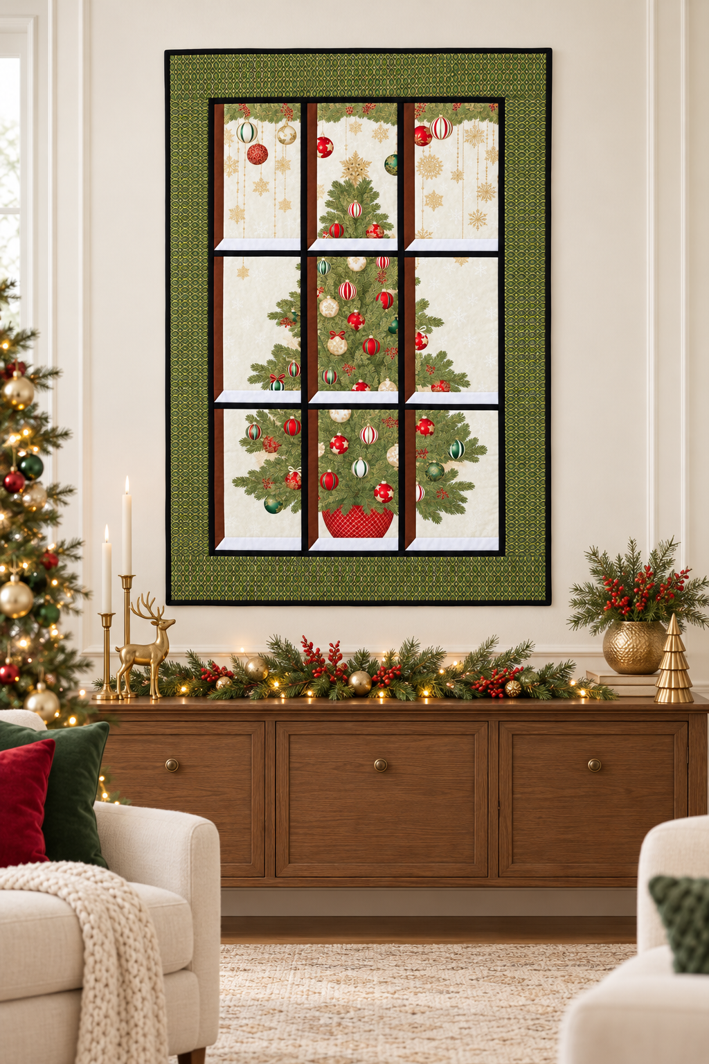 Christmas Tree Quilted Window Wall Hanging–Green and Gold Lattice Border