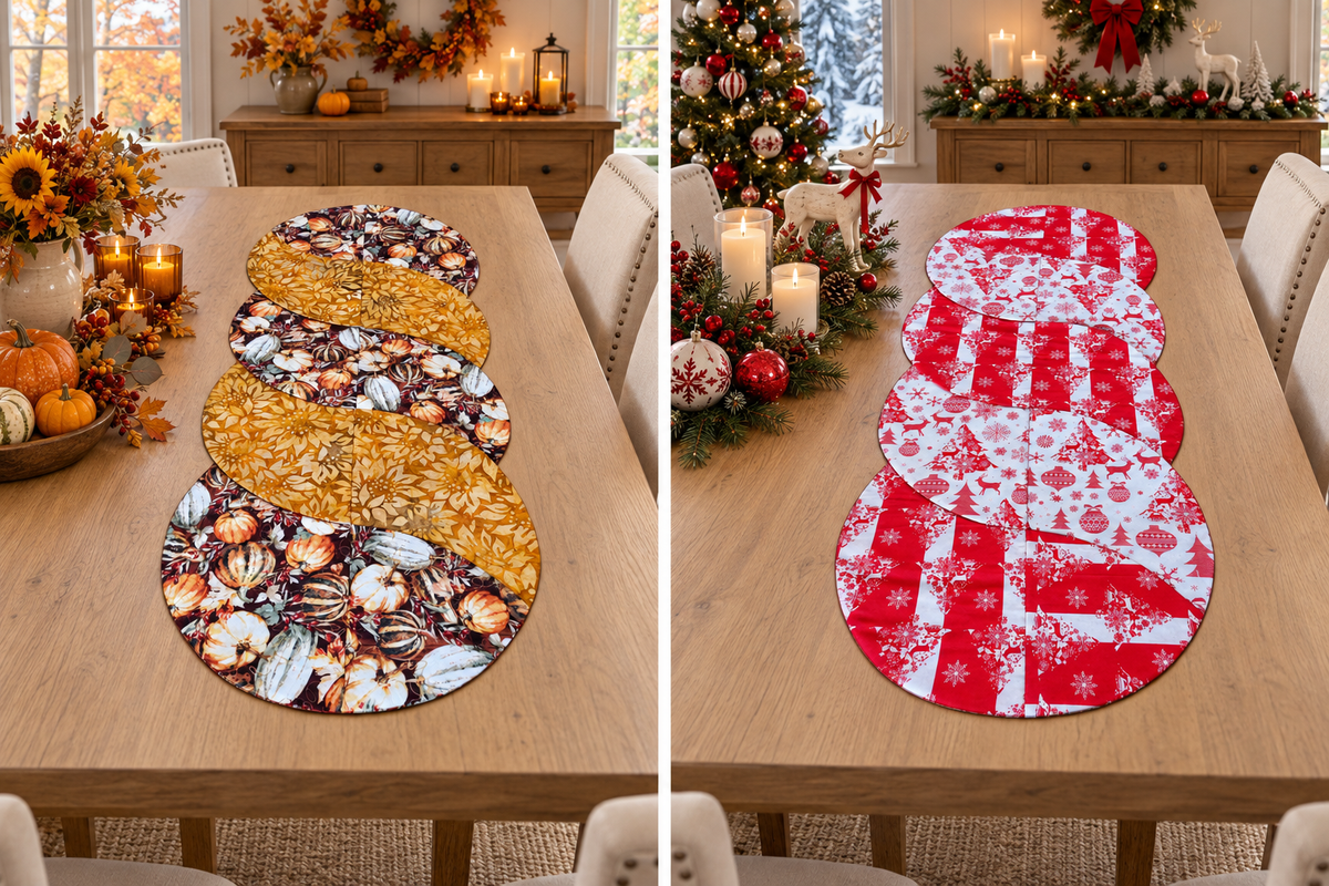 Fall Harvest/ Red and White Christmas–Reversible Twist Table Runner