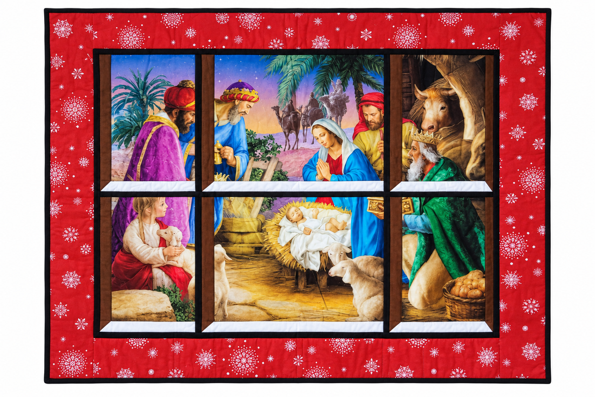 Nativity Scene Quilted Window Wall Hanging– Red Snowflake Frame
