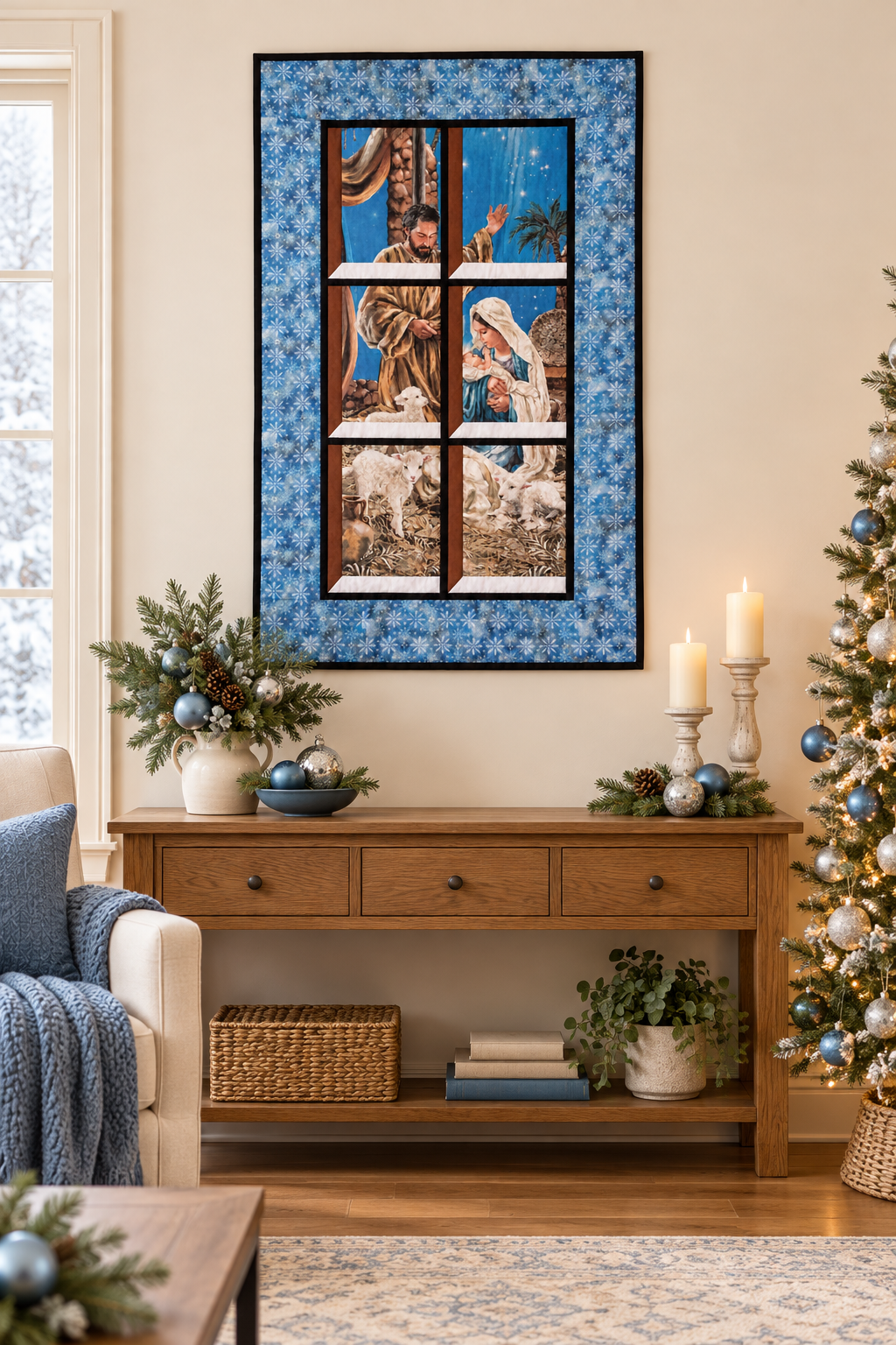 Nativity Scene Quilted Window Wall Hanging– Blue Snowflake Frame