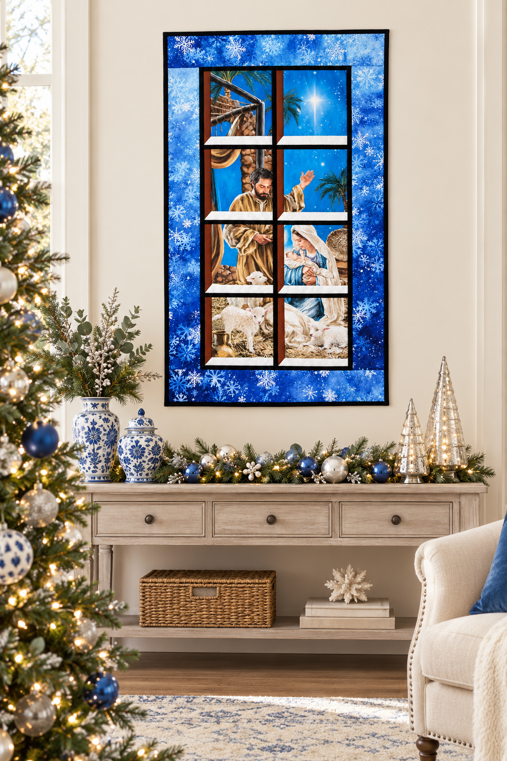 Nativity Scene Quilted Window Wall Hanging — Blue Snowflake Frame