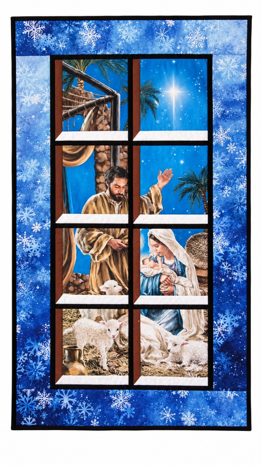 Nativity Scene Quilted Window Wall Hanging — Blue Snowflake Frame