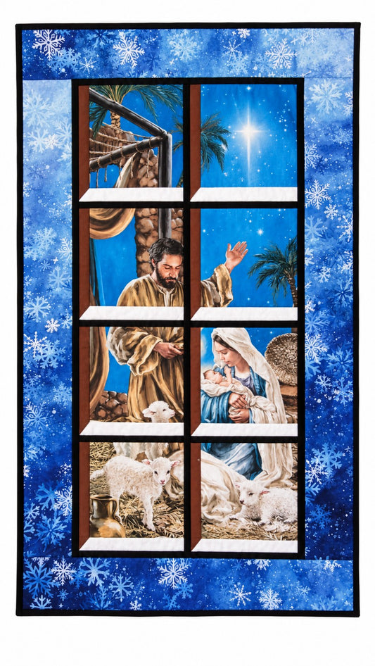 Nativity Scene Quilted Window Wall Hanging — Blue Snowflake Frame