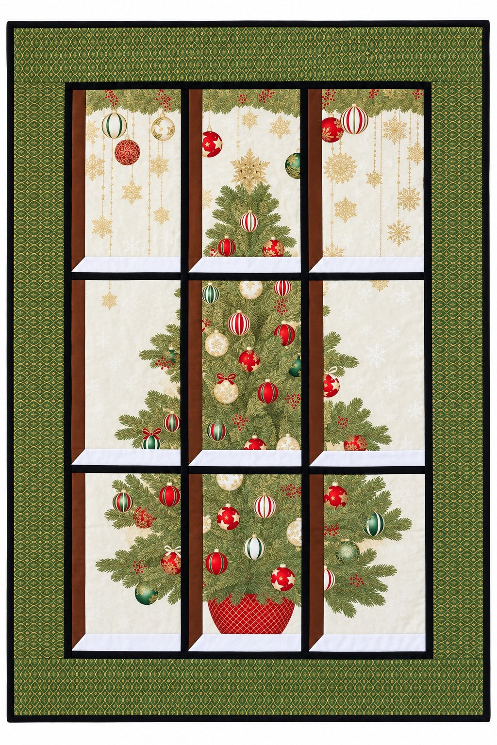 Christmas Tree Quilted Window Wall Hanging–Green and Gold Lattice Border
