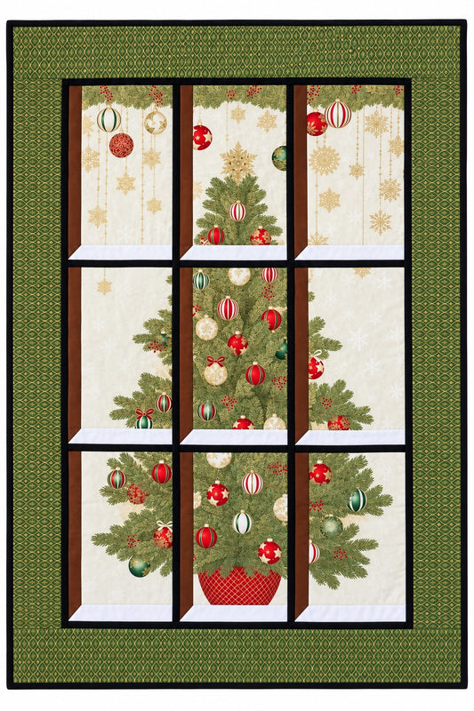 Christmas Tree Quilted Window Wall Hanging–Green and Gold Lattice Border