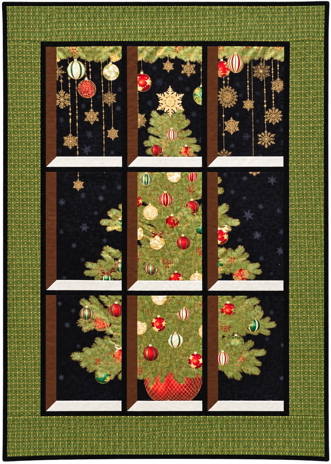 Quilted window-style wall hanging featuring a Christmas tree with red, green, and gold ornaments against a black background, framed by a green and gold diamond-patterned border.