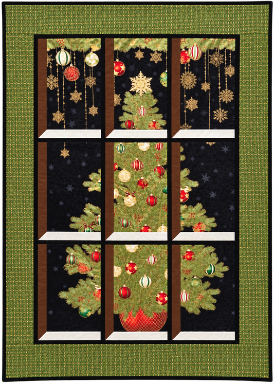 Quilted window-style wall hanging featuring a Christmas tree with red, green, and gold ornaments against a black background, framed by a green and gold diamond-patterned border.