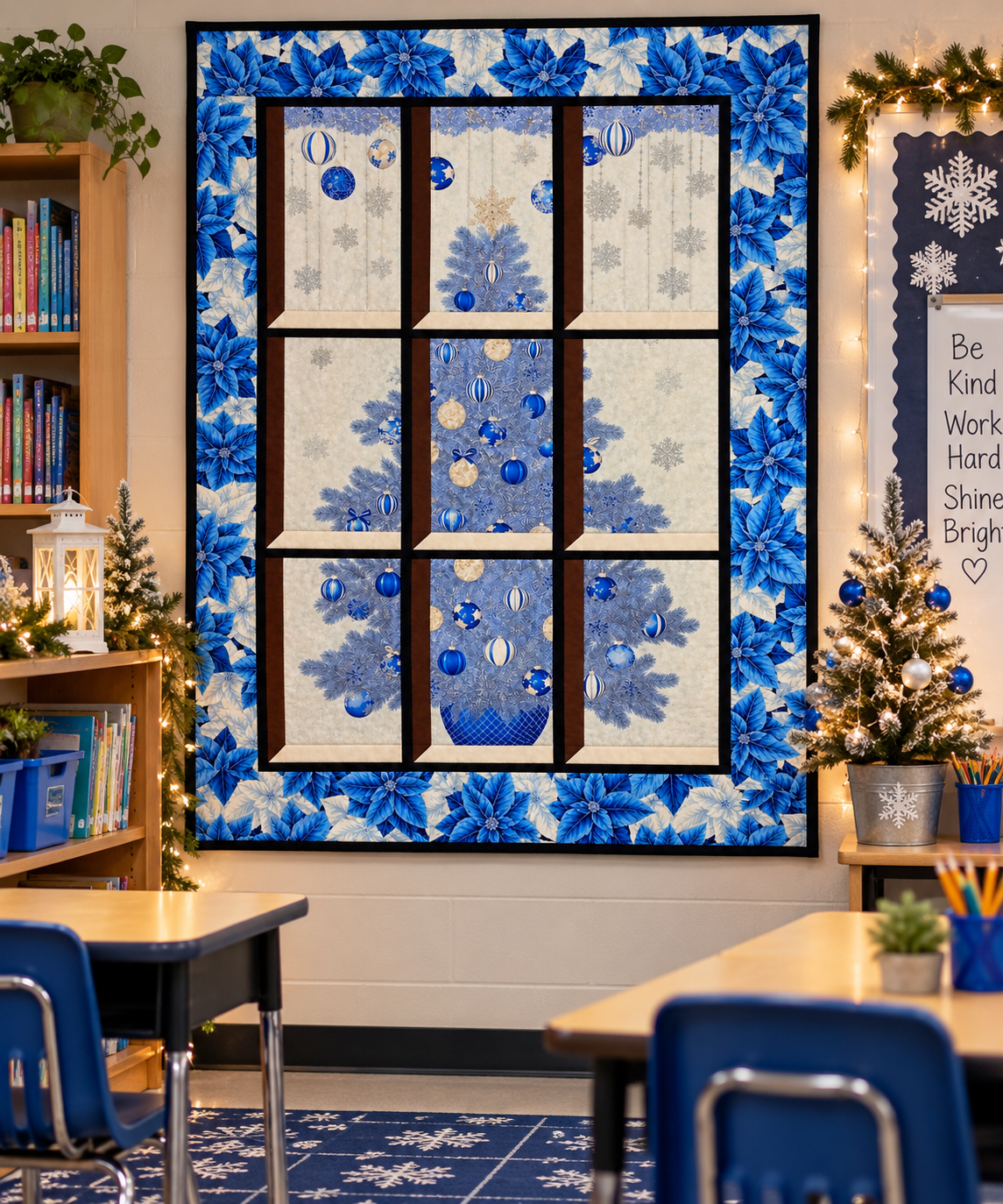 Blue Tree Christmas Window Quilted Wall Hanging– Blue and White Poinsettia Frame