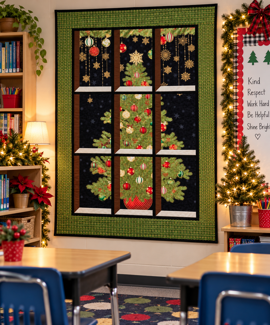 Christmas Tree Quilted Window Wall Hanging– Green and Gold Frame