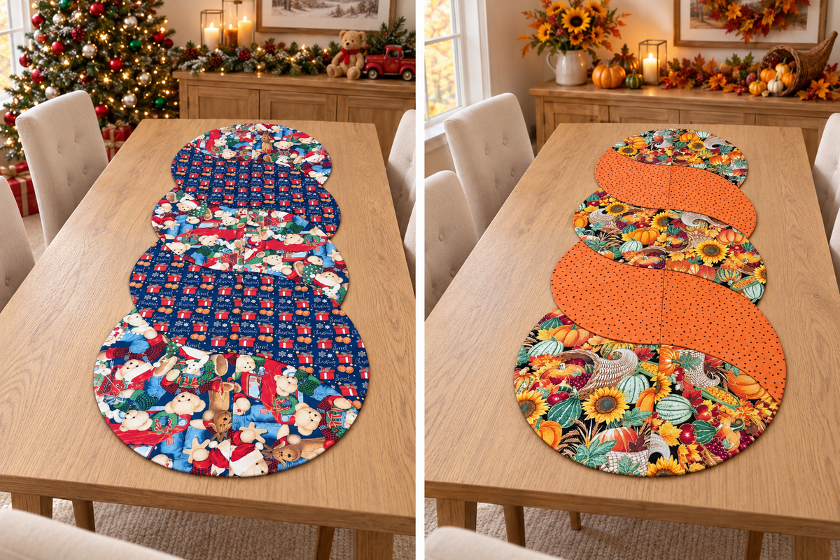 Christmas Teddy Bears/ Fall Harvest–Reversible Twist Table Runner