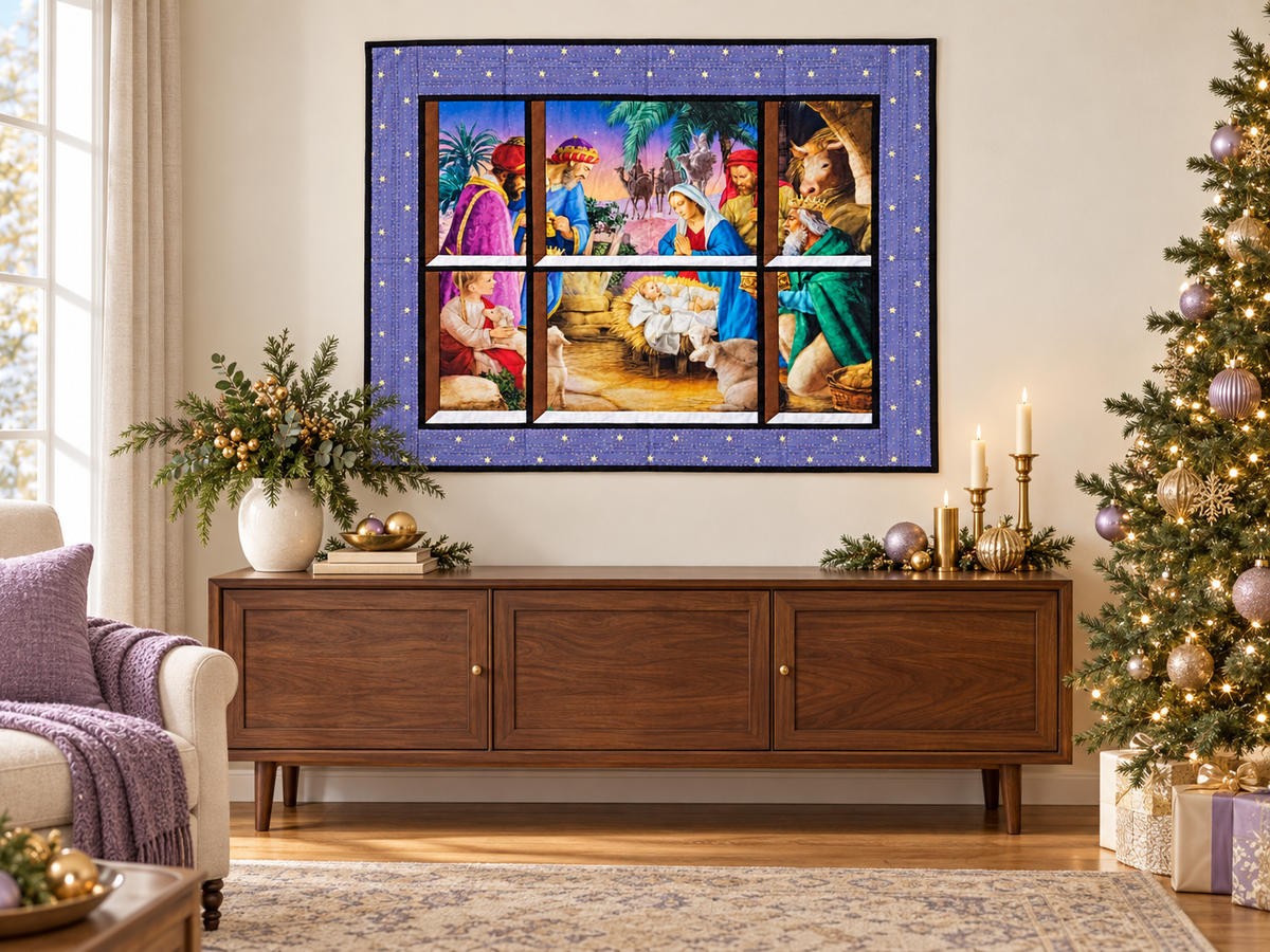 Nativity Scene Quilted Window Wall Hanging –Starry Frame