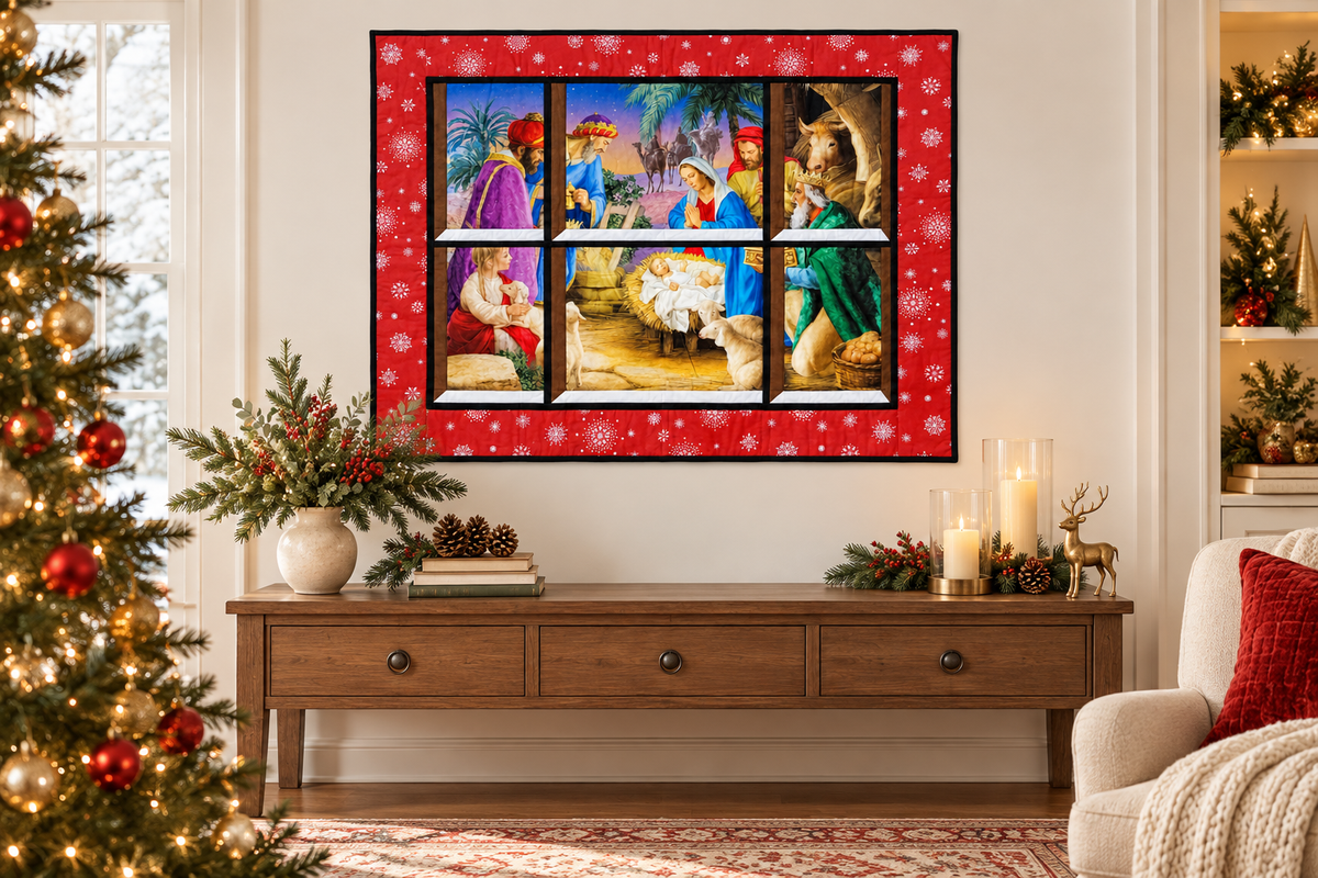 Nativity Scene Quilted Window Wall Hanging– Red Snowflake Frame