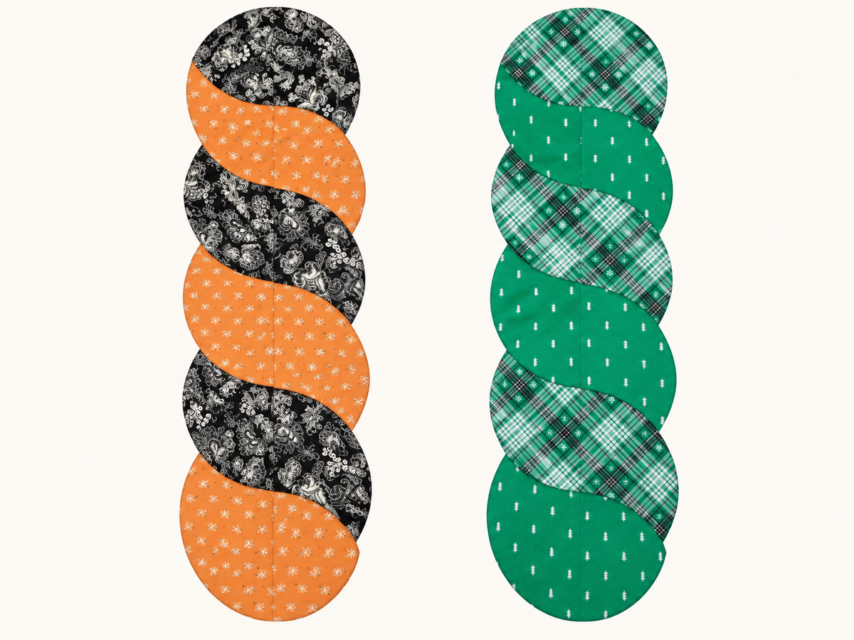 Black and Gold Floral/ Green Plaid Christmas Tree– Reversible Twist Table Runner–Long