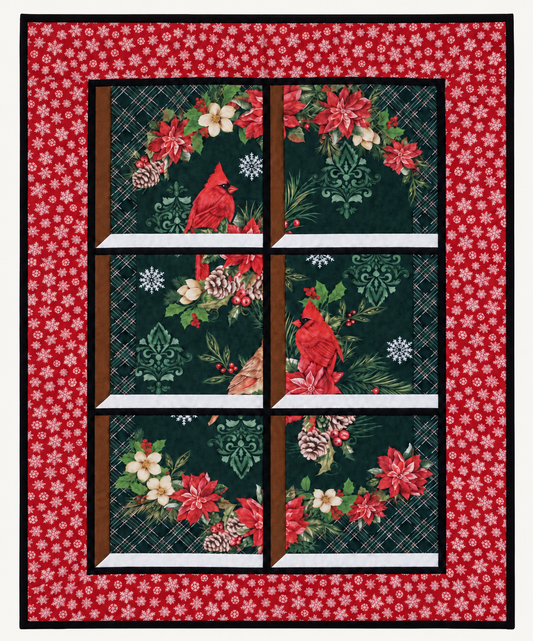 Quilted window-style wall hanging featuring red cardinals, poinsettias, pinecones, and holly on a dark green plaid background, framed by a red border with white snowflakes.