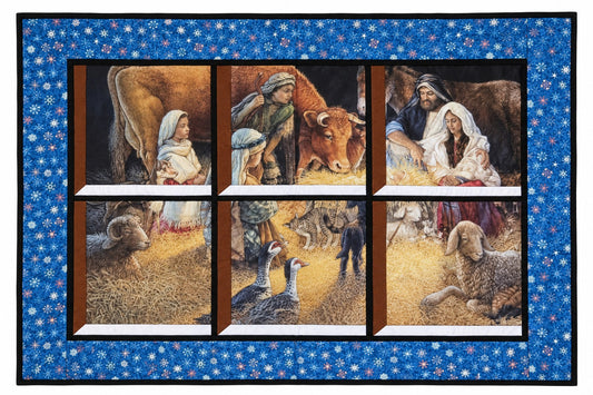 Nativity in the Stable Quilted Window Wall Hanging– Blue Snowflake Frame