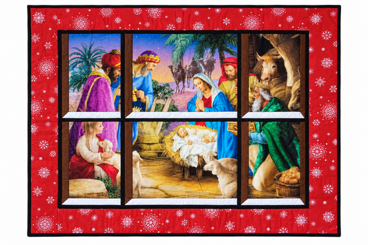 Nativity Scene Quilted Window Wall Hanging– Red Snowflake Frame