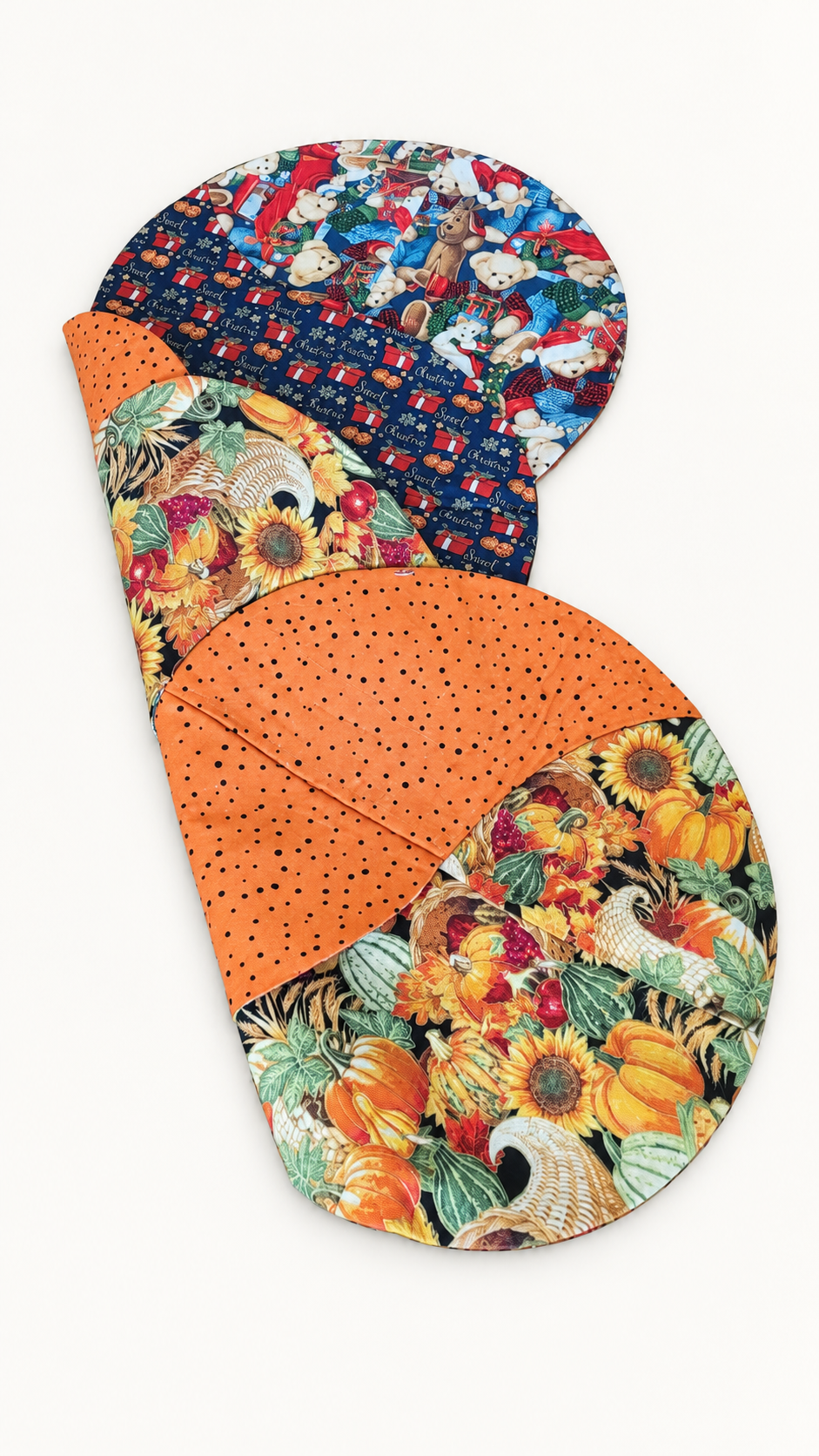 Christmas Teddy Bears/ Fall Harvest–Reversible Twist Table Runner