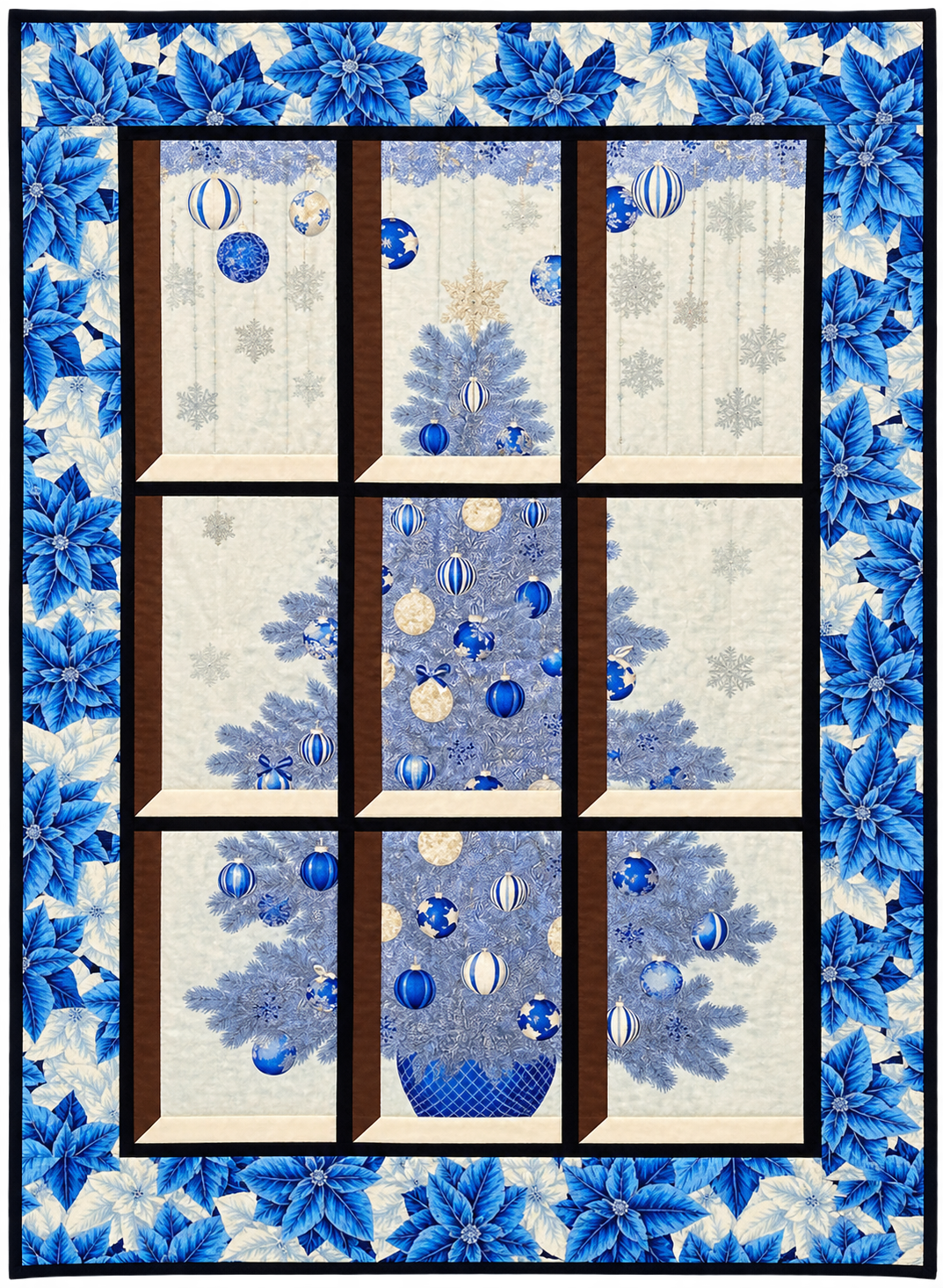 Quilted window-style wall hanging featuring a blue Christmas tree with blue and white ornaments, framed by a border of blue and white poinsettias.