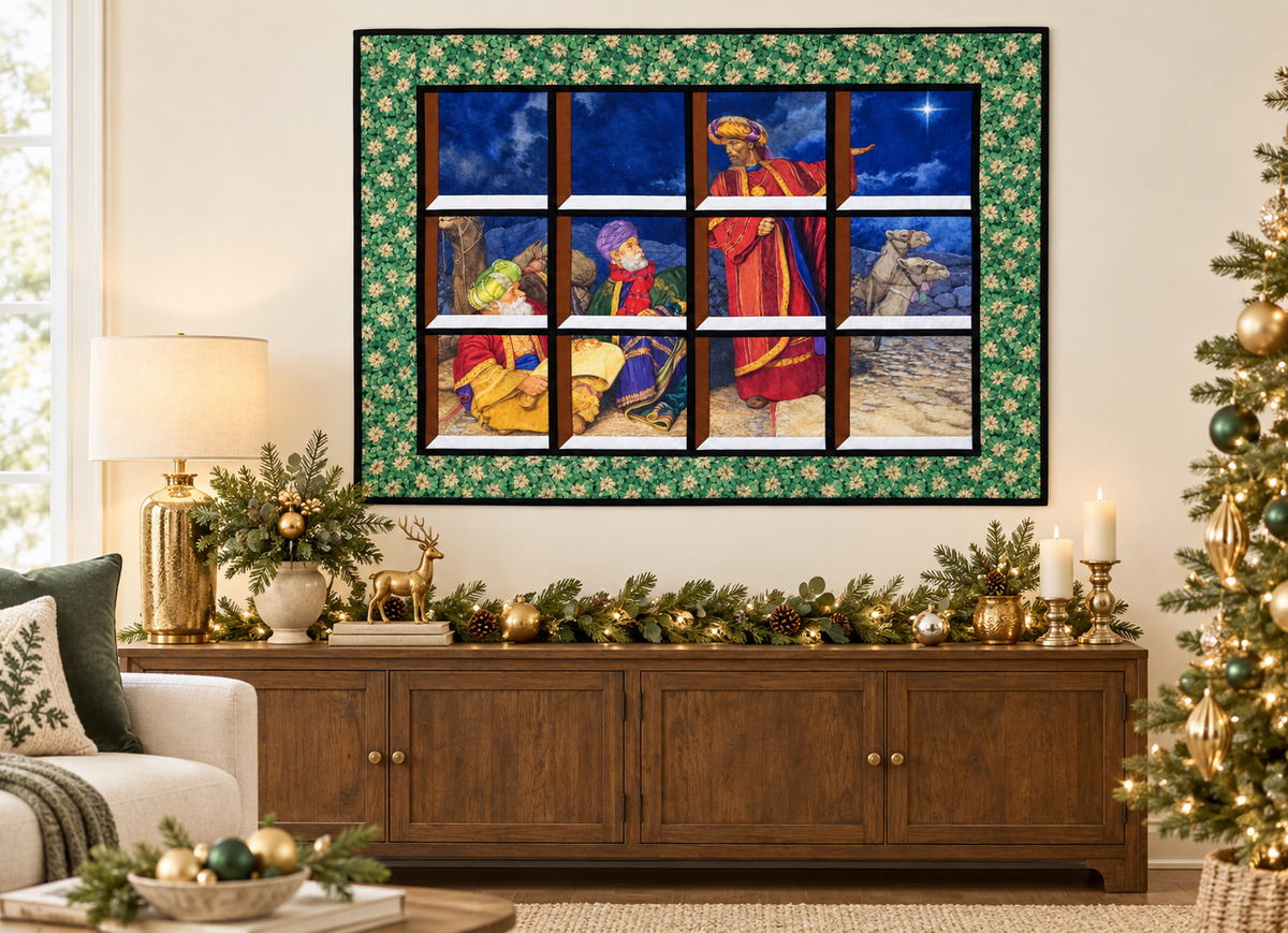 Following the Star Quilted Window Wall Hanging–Green Floral Frame