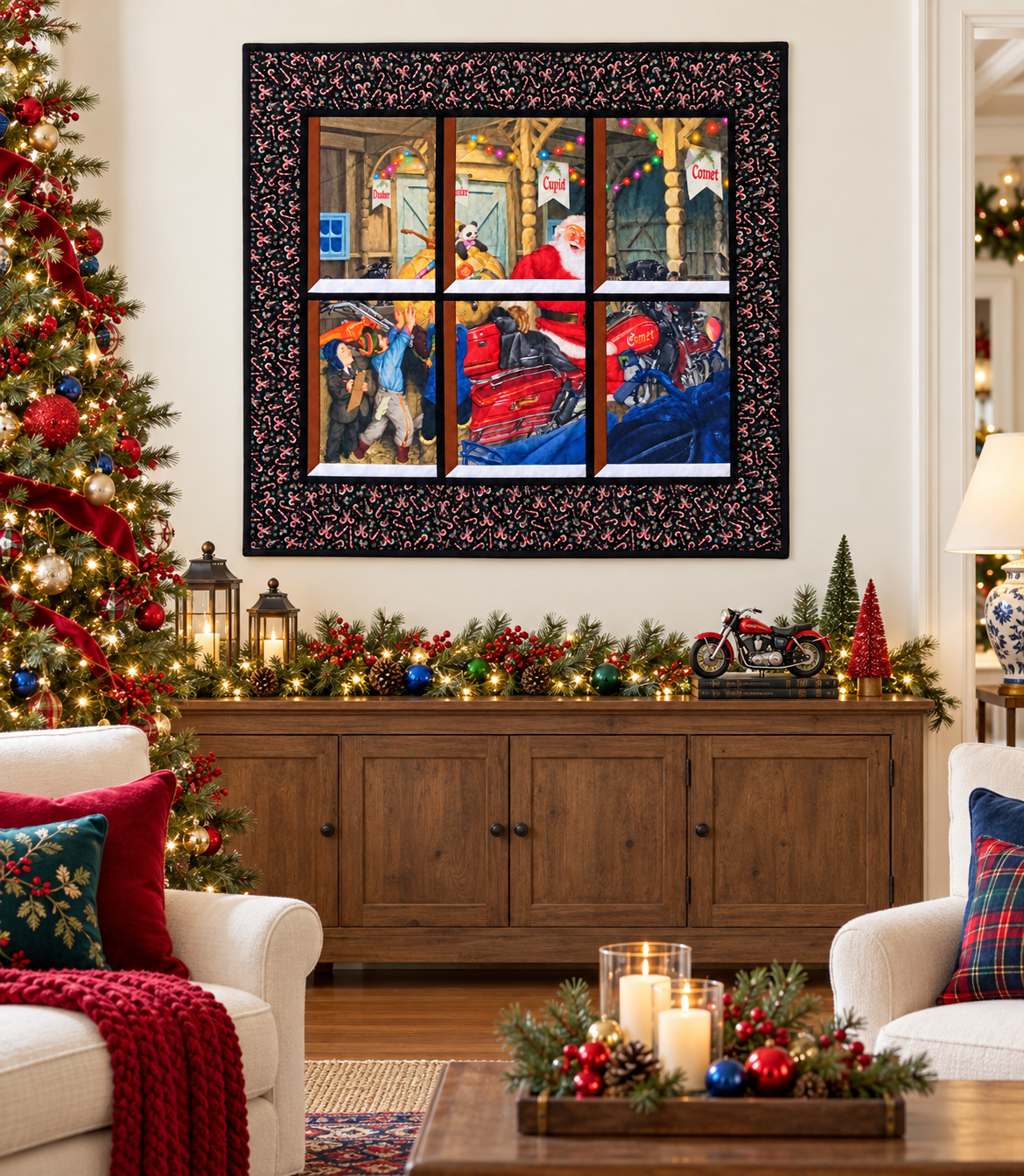 Santa’s Motorcycle Workshop Quilted Window Wall Hanging — Candy Cane Border